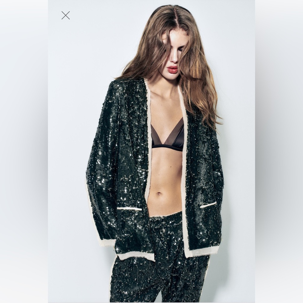 Zara green SEQUIN BLAZER ZW COLLECTION party wedding - Picture 2 of 11